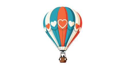 Fototapeta premium Colorful vintage hot air balloon decorated with heart patterns floats gracefully in the sky with two tiny passengers visible in the basket below.