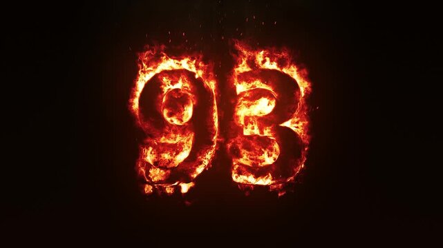 Burning Fire Number 93. Fire Digit Animation. Fiery Number