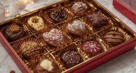 Fototapeta premium assortment of chocolates and pralines in a festive gift box