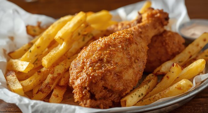 Crispy fried broast chicken served alongside seasoned French fries