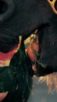 Young woman feeds horse watermelon at sunset in warm backlight