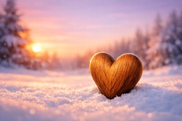 Fototapeta premium Wooden Heart Shape in Snowy Forest During Golden Sunrise with Soft Light Glow