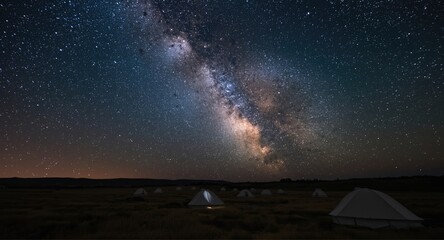 Fototapeta premium Field of round tents under a magnificent starry galaxy canopy