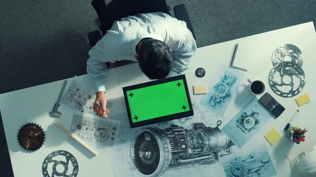 Top view of skilled engineer writing in paper while looking at tablet display green screen with turbine engine sketch design and metal gear and architectural equipment scatter around. Alimentation.
