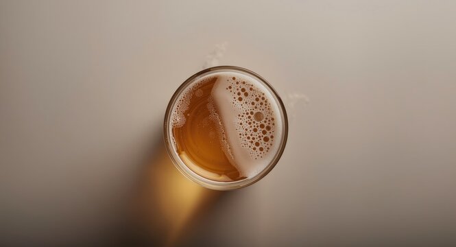 Looking down at a beer cup filled with lager on a subtle backdrop