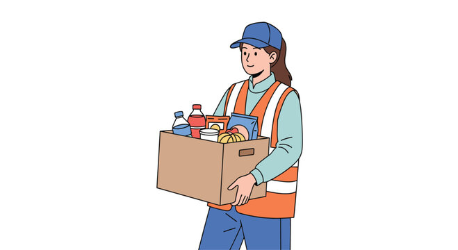 Female delivery worker wearing a safety vest and cap carrying a cardboard box filled with food supplies and bottled water for a customer.