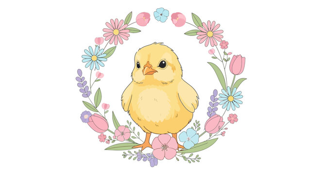 Cute Easter Chick in Floral Wreath
