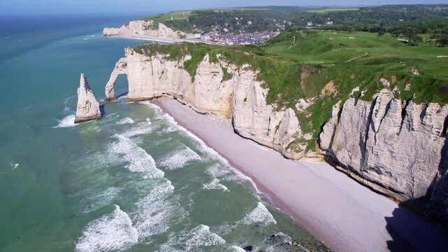 Aerial view towards the cliffs of Etretat, Normandy
