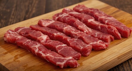 Fototapeta premium Raw matured picanha beef pieces arranged on wooden chopping surface for roasting