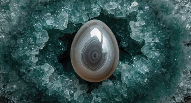 Polished thunder egg geode highlighting grey agate orb and contrasting green rhyolite backdrop