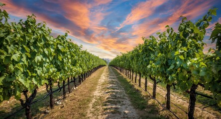 Naklejka premium Pastoral walkway enclosed by thriving grapevines under clear and vivid skies