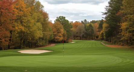 Fototapeta premium Golf course ninth hole in fall colors with sand bunker and mature trees
