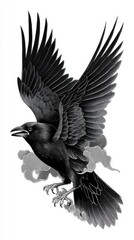 Fototapeta premium Majestic black crow in mid-flight with wings spread wide, detailed feathers and intense gaze, dramatic monochrome illustration