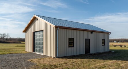 Obraz premium Modern rural storage shed topped with sleek steel roof tiles in a solitary outdoor setting
