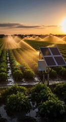 Naklejka premium A modern agricultural field is irrigated by automated sprinkler systems powered by a solar panel unit, with rainbow prism light effects 