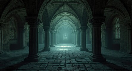 Obraz premium Mysterious abyssal cloister visualizing hidden enigmas through AI art