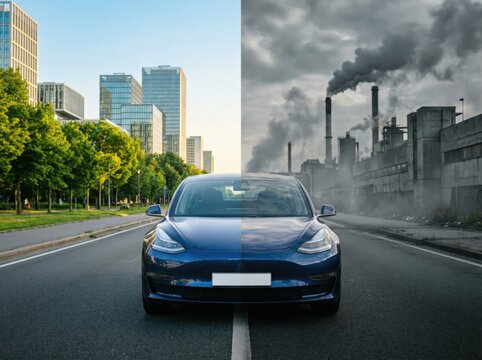 A powerful conceptual split-screen photograph showing a blue electric vehicle on a clean tree-lined urban road contrasted with a smog-filled industrial factory, visualizing clean energy 