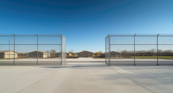Military housing structures behind tall fencing and copy space area