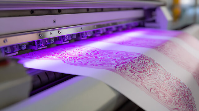 Modern Printing Machine Head Applies Vibrant Purple Pattern to White Material, Illuminated by UV Light, for Industrial Digital Output