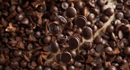 Fototapeta premium Dark chocolate chips suspended in air with a background of broken cocoa pieces