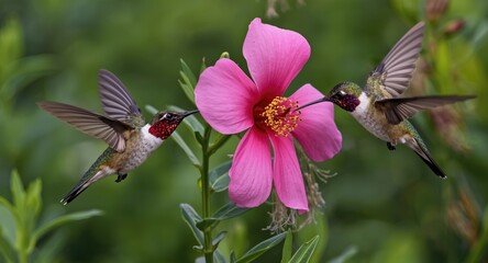 Obraz premium Happy hummingbirds hovering close to lush pink flower in lively natural action scene