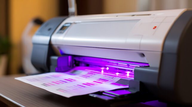 Modern professional printer in operation, emitting a vibrant purple light as it processes documents with color swatches on a wooden table. Focus on technology and color output
