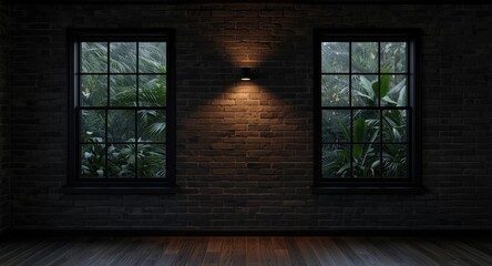 Obraz premium Dark brick wall inside a moody room lit by wall sconces with wide windows displaying lush plants outside