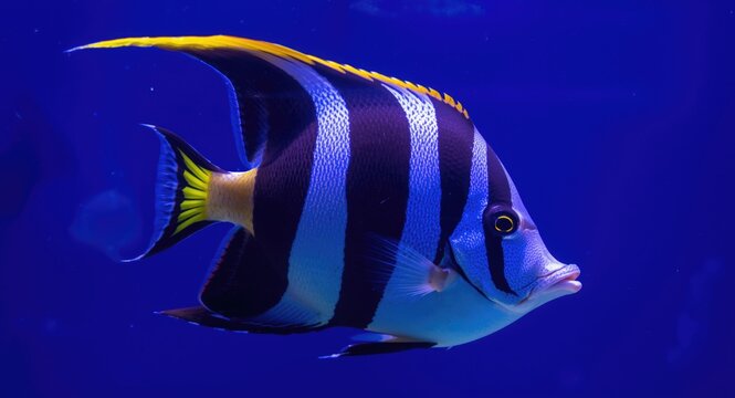 Sailfin tang fish close shot inside a saltwater aquarium illuminated by blue backdrop lighting