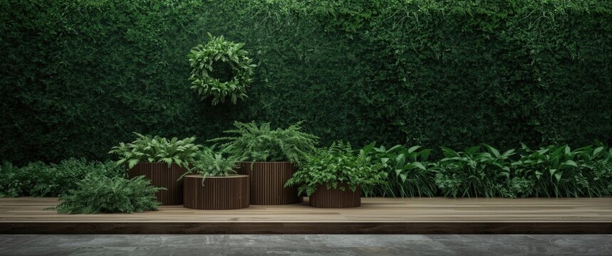 Green holiday display featuring wooden risers and fresh green plants on textured concrete