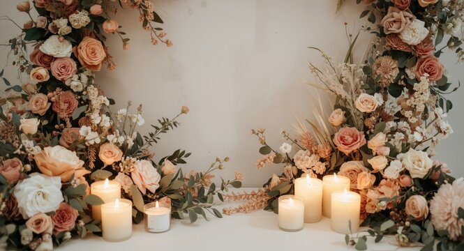 Floral photo zone and candle decor creating romantic atmosphere for couples