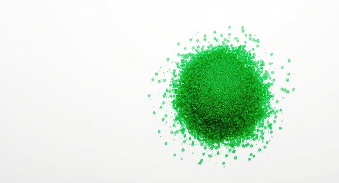 Plastic industry green polypropylene and polyamide granules on clean white backdrop with copy space