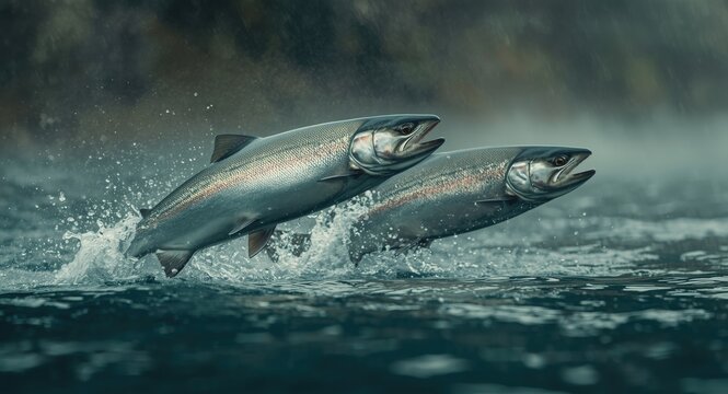 Two silver salmon bursting out of fresh water in lively action