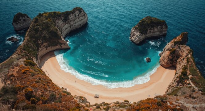 Panoramic aerial capture of a quiet beach area with two separate sandy coves and natural cliffs