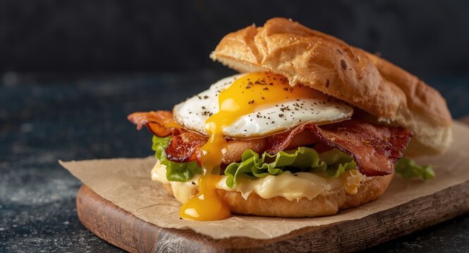 Mouthwatering sandwich with salty bacon soft cheese and a fried egg on toasted roll
