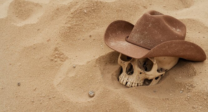 rustic skull with cowboy hat surrounded by dry desert sands