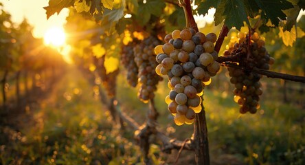 Fototapeta premium Natural grape bunches glowing under sunlight in field