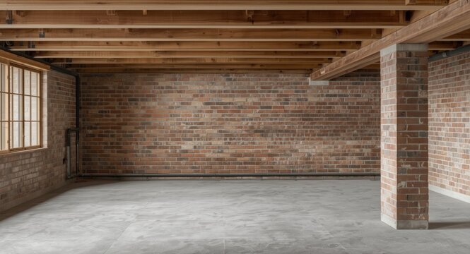 Pending construction stage of monolithic brick basement featuring floor heating pipes in bare room