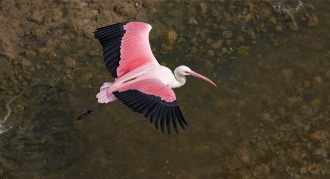 Elegant aerial view capturing roseate spoonbill with colorful pink wings over still land