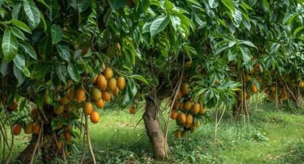 Fototapeta premium Lush passion fruit vines producing abundant fruit in tropical orchard