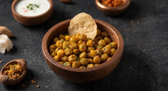 Rustic wooden bowl holding authentic Indian mung dal and urad dal papad for meal sides