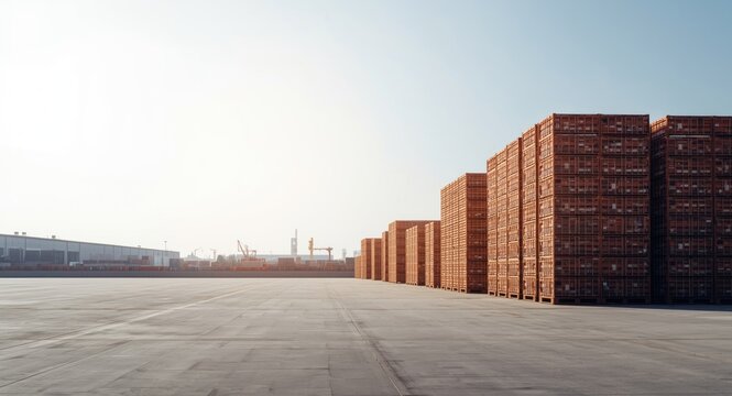 Pallet stacks arranged in an open industrial yard with clear sky overhead