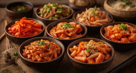 Fototapeta premium Korean Kimchi varieties in ceramic bowls set on a natural wooden table for cultural feast