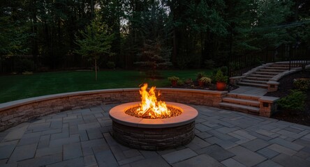 Obraz premium Fire pit flames dancing atop a large patio designed for entertaining guests