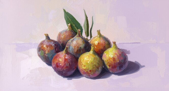 Energetic oil painting illustrating ripe figs arranged decoratively on a pale purple pastel background from a bird's eye angle