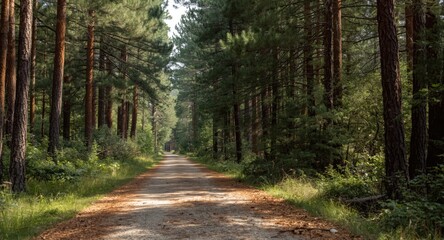 Obraz premium Scenic pathway lined with dense forest trees