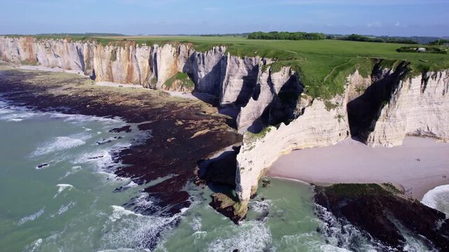 Drone front view of the falaise d'Amont in Etretat, Normandy