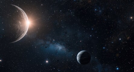 Fototapeta premium Fantasy cosmic scene with detailed bright stars planets and moons set in a star filled universe