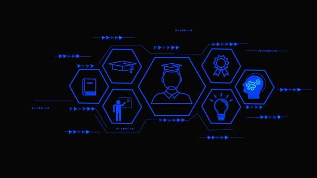 Futuristic Neon Education Technology Interface and Digital Learning Concept with Student and Icons Smart Education Technology Abstract Background.