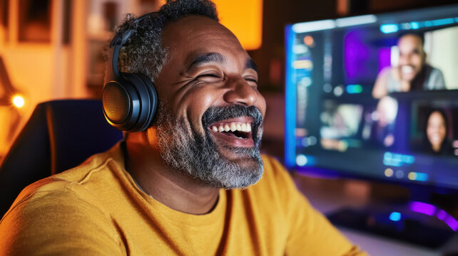 Middle-aged mixed-race man joyfully engages in virtual trivia night with friends