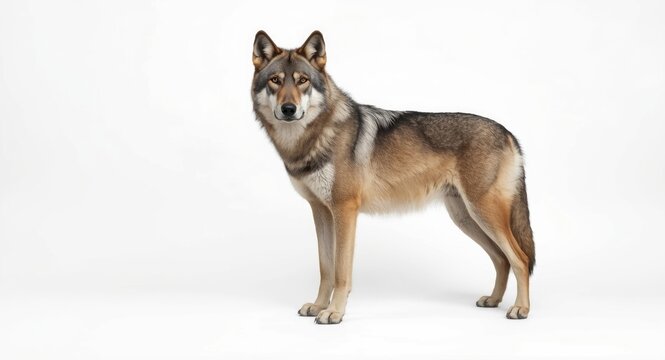 gray wolf in a commanding pose on a plain white backdrop